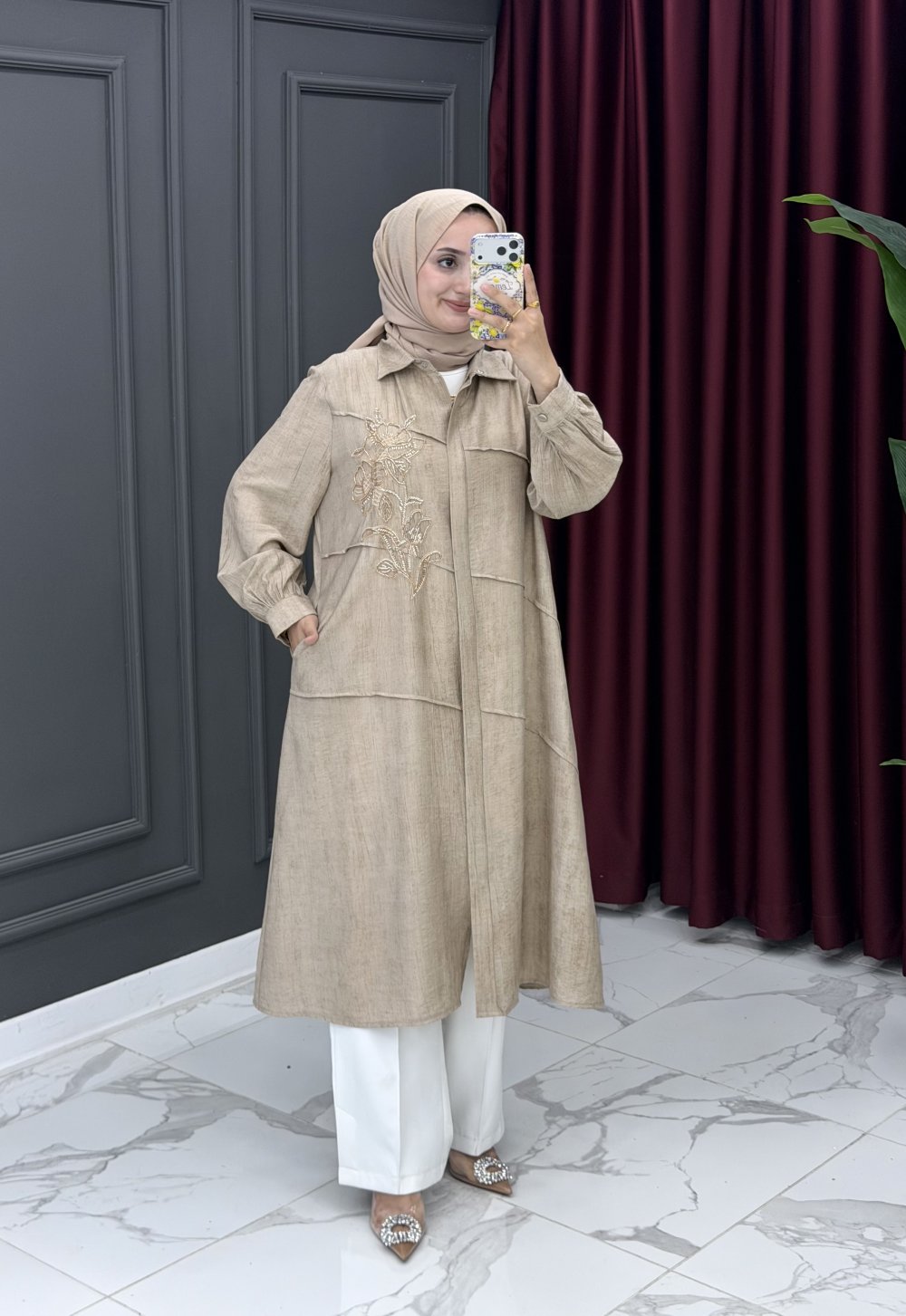 İşlemeli Uzun Kap — vizon